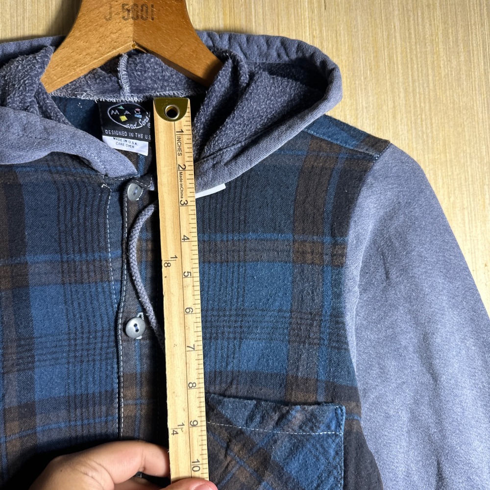 Vintage Maui and Sons Hooded Flannel Shirt Kids Small Blue 90s Plaid Mixed Media - Picture 6 of 12